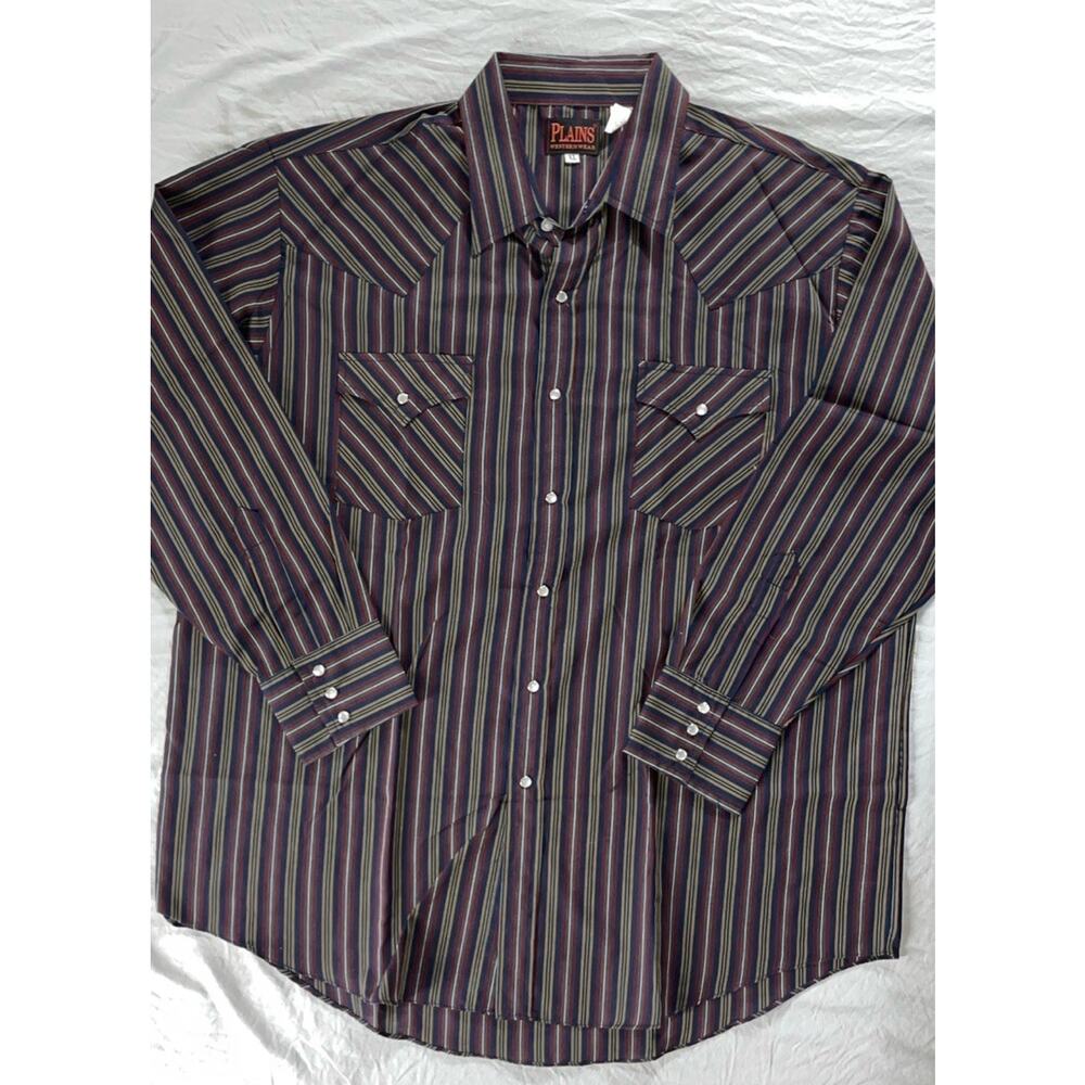 Plains Western Wear Long Sleeve Pearl Snap Rodeo Shirt. Burgundy Stripe, Mens XL